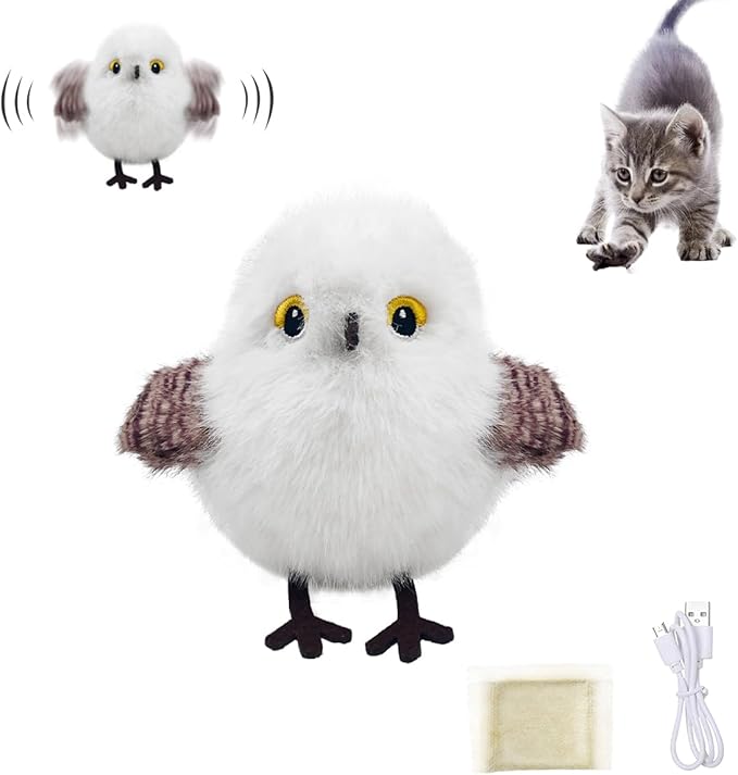 Petgravity Flapping Bird Cat Toy, Lifelike Chirp Tweet Kitten Toy, Rechargeable Touch Activated Cat Toy Interactive Catnip Toy Exercise Toy for All Breeds 5.1" (White)