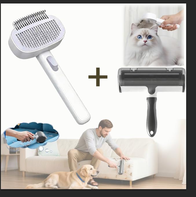 2-In-1 Pet Grooming Kit;Dog Brush For Shedding，Cat Brush For Long Haired Cats- Self-Cleaning Shedding & Detangling Brush,Dual-Direction Design - Professional For Long/Short Haired & Indoor Cats
