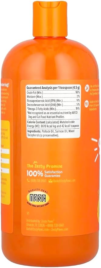 Zesty Paws Wild Alaskan Salmon Oil for Dogs & Cats - Omega 3 Skin & Coat Support - Natural EPA & DHA, Fatty Acids for Joint Function, Immune & Heart Health Liquid Food Supplement, 32 oz