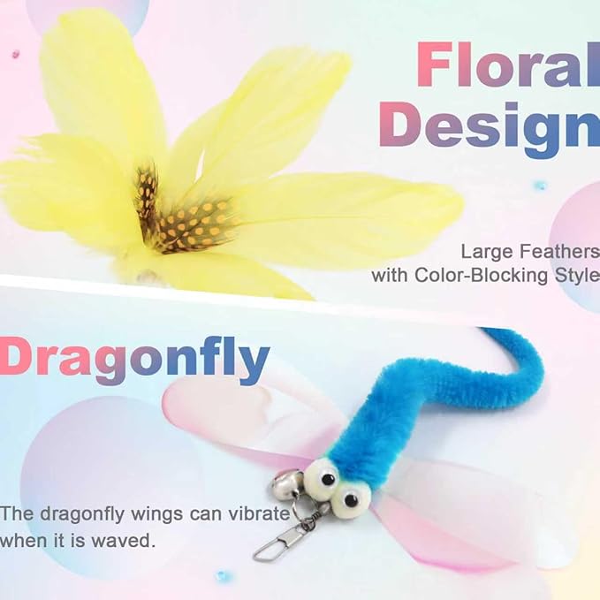 SONGWAY Cat Wand Toys for Indoor Cats - Cat Toy Set with Retractable Teaser Wand and 6 PCS Colorful Feather Toy Refills, Dragonfly Tassel Plush Cat Toys Interactive, Multicolored