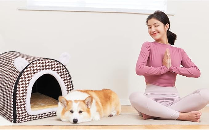 Dog Bed,2 Ways to Use,Indoor Pet House with Fluffy Mat,Removable and Washable Cover,Non-Slip Bottom,for Large Dogs(XL Brown Cranes)