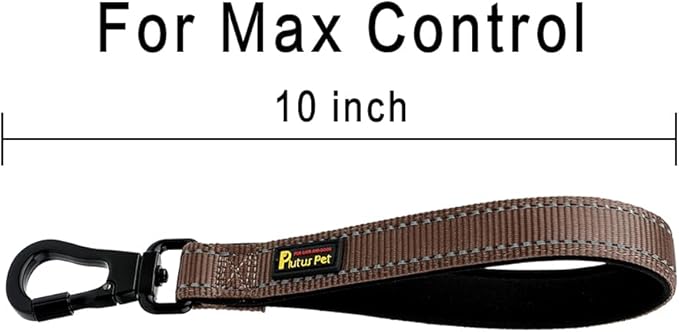 PLUTUS PET Short Dog Leash, Reflective Nylon Padded Handle, Strong Traffic Leash with Carabiner Clip, Perfect for Large or Medium Dogs (10”，Chocolate)