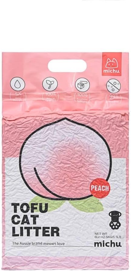 Michu Tofu Cat Litter Natural Clumping Tofu Cat Litter, Fast Clumping and Easily Scoop-able 5.5lb/88oz 5 Scents - Peach, 3 Pack