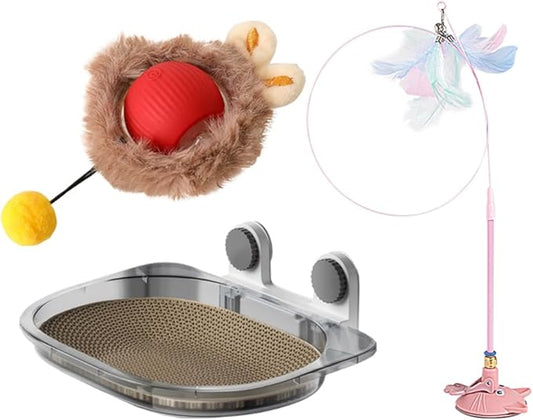 3-in-1 Cat Toy and Cat Window Perch, Window-Mounted Hammock with Scratching Board, Interactive Teaser Wand, Smart Ball with LED Lights