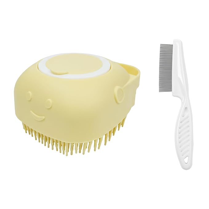 Pet Bath Massage Brush,Pet Bath Brush With Shampoo Dispenser,With Dog Grooming Comb,Suitable for long and short haired dogs and cats(Yellow)