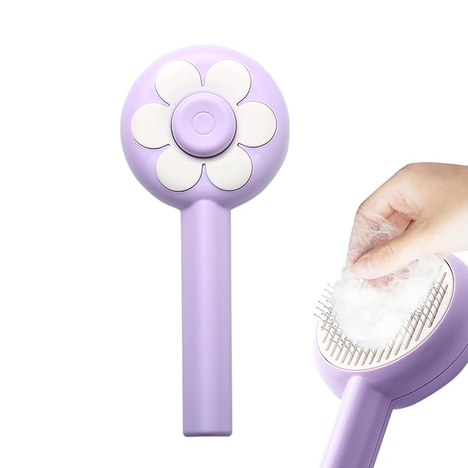Self-Cleaning Pet Grooming Brush Soft Silicone Bristles, Flower Design for Cats and Dogs – Easy to Use & Gentle Care (Purple)