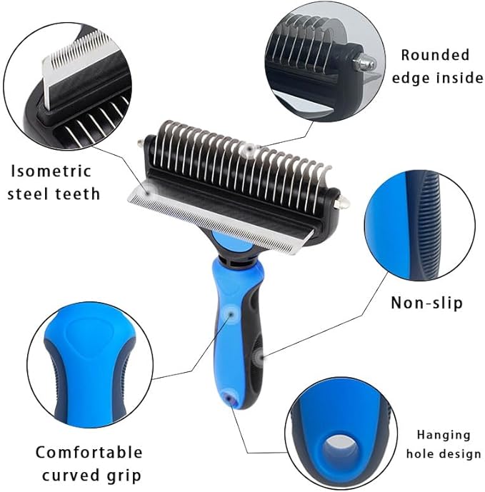 2 in 1 Dog Grooming Brush & Grooming Gloves Combo, Dematting Comb for Dogs - Deshedding Undercoat Rake, Pet Hair Grooming Brush for Long and Short Haired Dogs or Cats(Large, Blue)