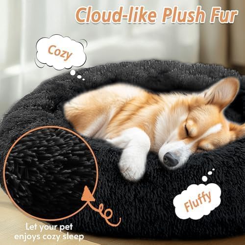 JOLLYVOGUE Calming Dog Bed Large Size Dog, Anti-Anxiety Donut Large Pet Bed, 36 inches Fluffy Faux Fur Round Cat Bed, Fits up to 75 lbs Pets (Black)