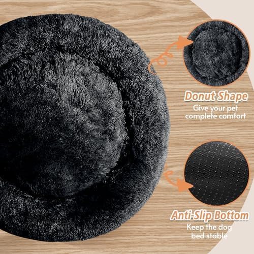 JOLLYVOGUE Calming Dog Bed Large Size Dog, Anti-Anxiety Donut Large Pet Bed, 36 inches Fluffy Faux Fur Round Cat Bed, Fits up to 75 lbs Pets (Black)