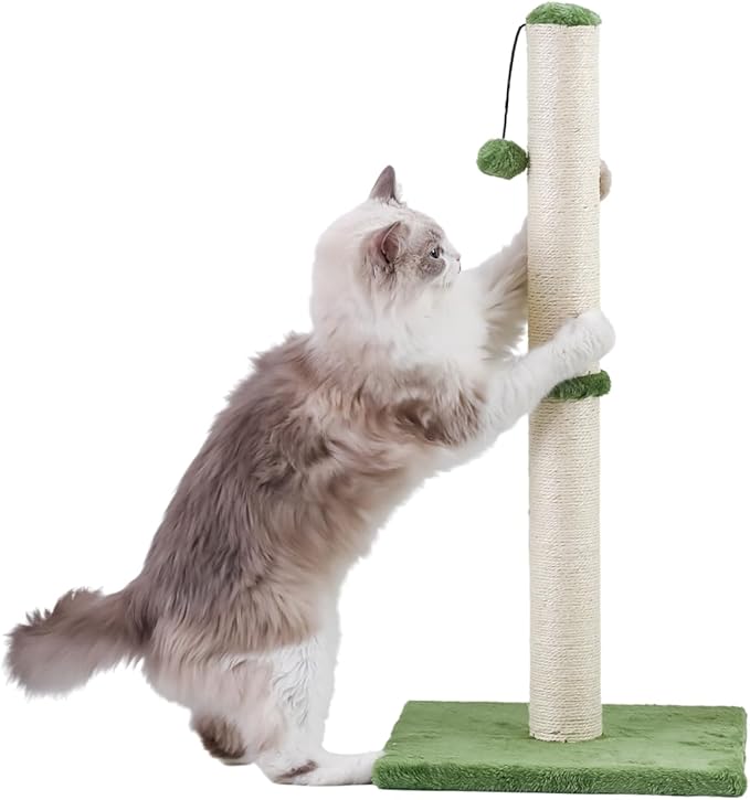 Dimaka Tall Cat Scratching Post, Claw Scratcher with Sisal Rope and Covered with Soft Smooth Plush, Vertical Scratch [Full Strectch] for Standard Size Cats (Green, 29 inches for All Cats)
