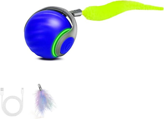 Interactive Cat Toy Ball-Motion-Activated Rolling Toy with 2 Feather Tails, 2 Speeds, USB Rechargeable, Smart Indoor Cat Toys to Keep Cats Active, Happy and Entertained (Blue)