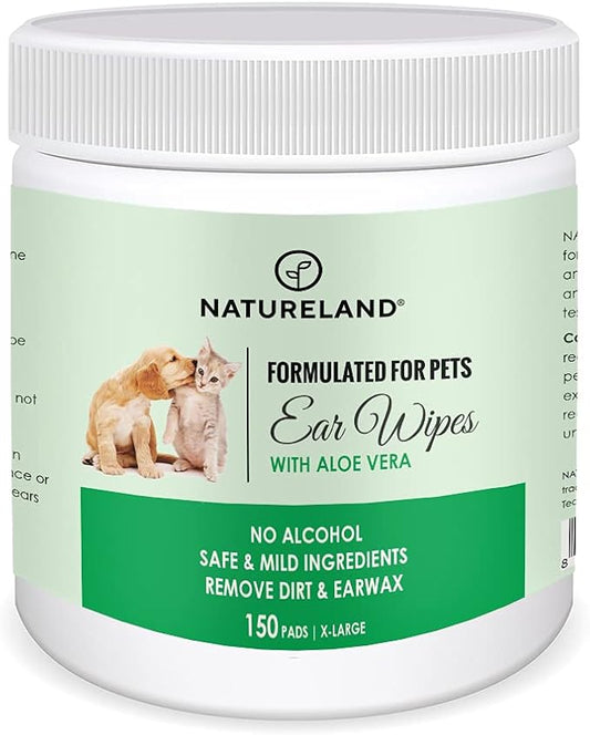[150 pcs Extra-Large] Natureland Dog Ear Wipes - Extra Large Pads [170%] - Otic Cleaning Wipes for Infections and Controlling Ear Infections and Ear Odor in Pets