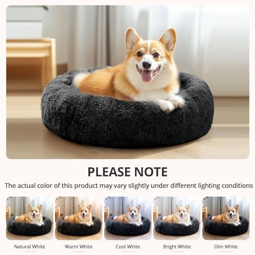 JOLLYVOGUE Calming Dog Bed Large Size Dog, Anti-Anxiety Donut Large Pet Bed, 36 inches Fluffy Faux Fur Round Cat Bed, Fits up to 75 lbs Pets (Black)
