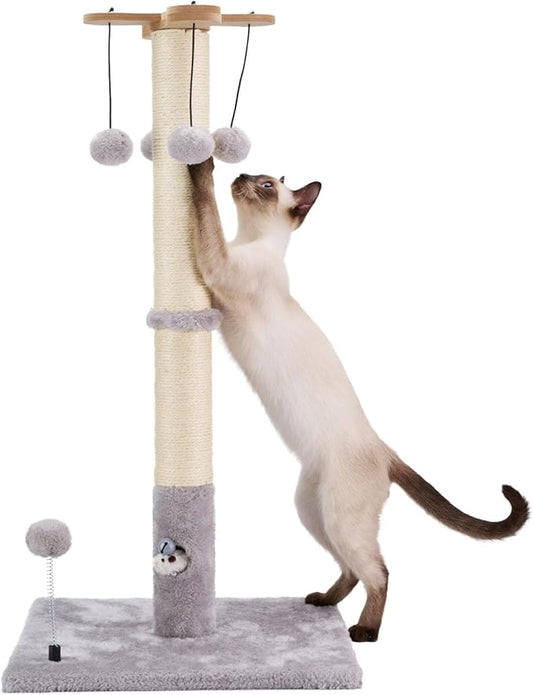 PAWSFANS Cat Scratching Post for Indoor Cats and Kittens,30inches Tall Sisal Scratch Posts with Four Hanging Ball Toys and Reinforce The Stable Base Gray