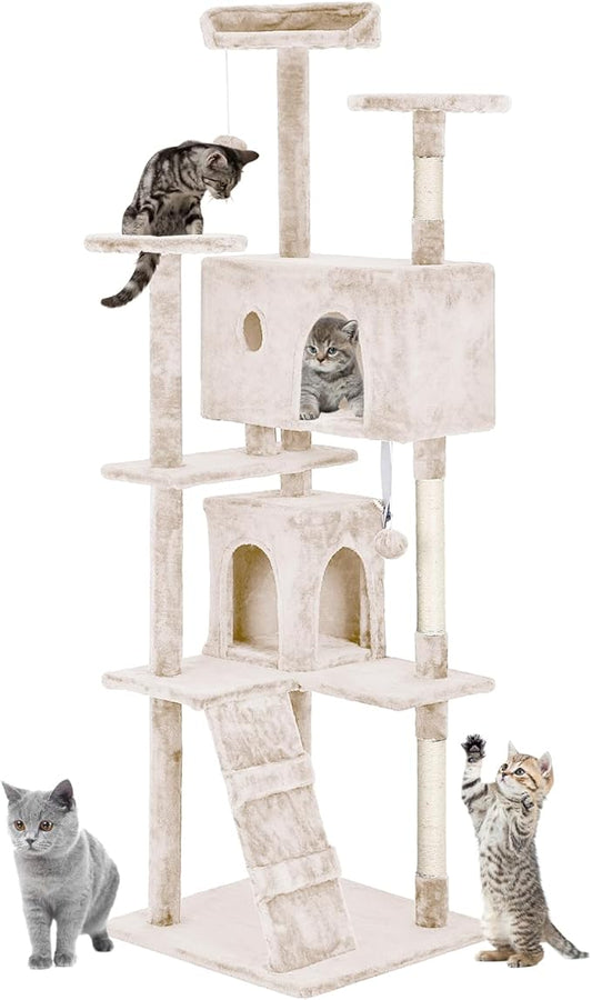 PayLessHere Cat Tree 70in Cat Tower with Cat Scratching Post,Multi-Level Cat Condo Stand House Furniture Kitty Activity Center with Furry Ball Toys Cat Tree for Indoor Cats.Beige