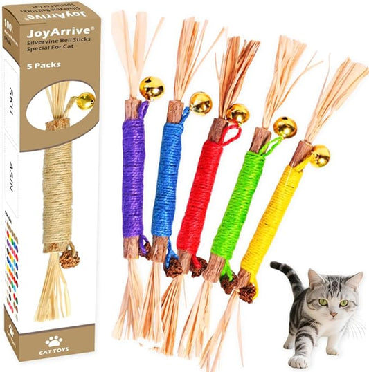 Natural Dried Matatabi Cat Chew Stick with Gall Fruit, Raffia Grass & Bell Cat Ball Toys, Handmade Silvervine Sticks Interactive Catnip Toy for Teething & Entertainment (Size M Color B)