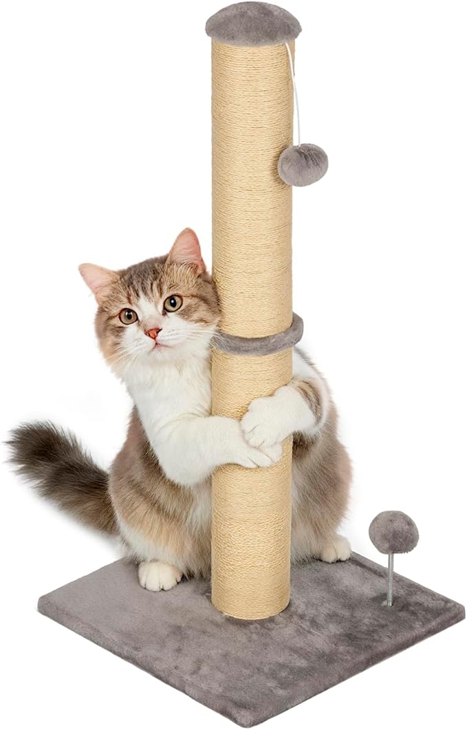FDW 33 Inch Cat Scratching Post Cat Scratcher Natural Sisal Rope Scratch Post Trees with Hanging Ball for Indoor Cats and Adults,Light Gray