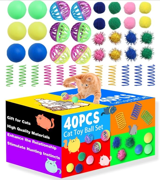 Cat Toys for Indoor Cats 40 PCS Kitten Toys Cat Interactive Toys Pack Including Cats Springs Sparkle Ball Pom Pom Ball Jingle Balls Tracks Balls