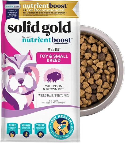 Solid Gold Toy & Small Breed Dog Food Dry Small Bites – Real Bison & Healthy Whole Grain Dogfood – Potato Free, High Fiber Healthy Dog Kibble w/Probiotics for Gut Health – NutrientBoost™ – 11 lb