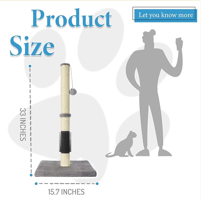 MeowHomm 32" Cat Scratching Post with Self Groomer Cat Brush, Sisal Rope Tall Cat Scratching Post with Soft Hanging Ball for Indoor Cats, Cat Claw Scratcher Covered with Soft Smooth Plush