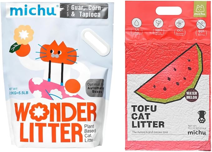 Michu Tofu Cat Litter Natural Clumping Tofu Cat Litter 5.5lb/88oz 5 Scents (Watermelon + Wonder Litter, 2 Pack)