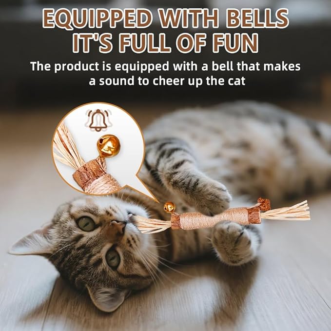 Natural Dried Matatabi Cat Chew Stick with Gall Fruit, Raffia Grass & Cat Bell Ball Toys, Handmade Silvervine Sticks Interactive Catnip Toys for Teething & Entertainment (Size L Color D)