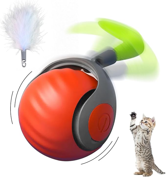 Interactive Cat Ball Toy with Feather, Smart Ball for Indoor Cats, Motion Activated Automatic Cat Toys, USB Rechargeable Toys, Orange