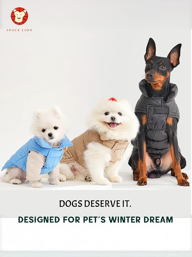 SPACE LION Dog Puffer Jacket, Down Winter Coat, Durable Outdoor Coat for Cold and Windy Conditions, Lightweight & Adjustable Fit Coats for Small & Medium Dogs, (Alaskan Blue, Size 12 Gift Box)