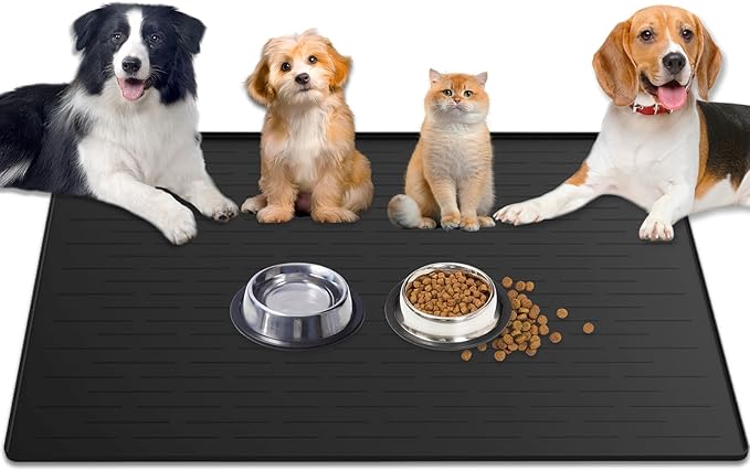 1.5MM Super Thick Dog Food Mat, 48"x32" Silicone Dog and Cat Mats for Food and Water Bowls, Waterproof Pet Feeding Mat for Contain Spills Protects Floors, Multiple Colors & Sizes for Pets, Black