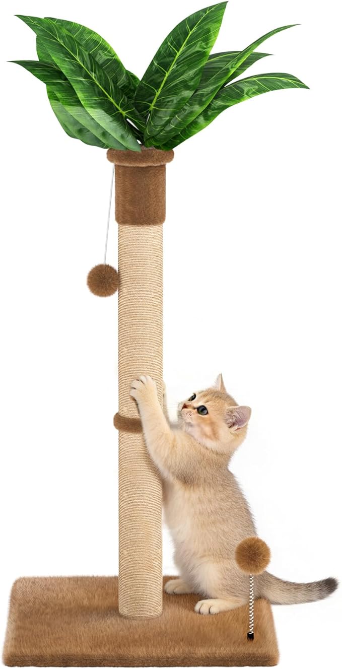 XiaZ Cat Scratching Post 34'' Tall, Cat Scratchers Tree Tower for Indoor Kitty with Extra Wide 15.8" Stable Base and 2 Toy Balls, Natural Sisal & Plush Fabric for Small, Medium Cats (Brown, 2.8in)