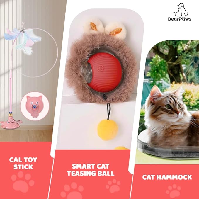 3-in-1 Cat Toy and Cat Window Perch, Window-Mounted Hammock with Scratching Board, Interactive Teaser Wand, Smart Ball with LED Lights