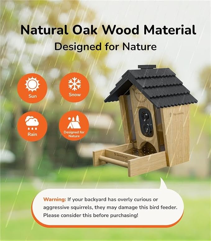 Sensforge Smart AI Bird Feeder Camera, 2.5K HD Live View, Solar-Powered Wooden Outdoor Feeder with AI Recognition, Weatherproof, App Notifications - Ideal for Bird Lovers, Parents & Kids