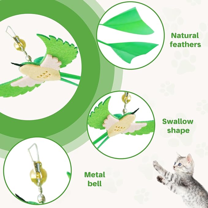 Cat Toys Interactive Teaser Wand, Long-Tailed Bird Attachment with Black Petal Suction Cup Base, Feather & Bird Toy for Solo Play, Encourages Physical Activity & Bonding Time for Cats & Kittens