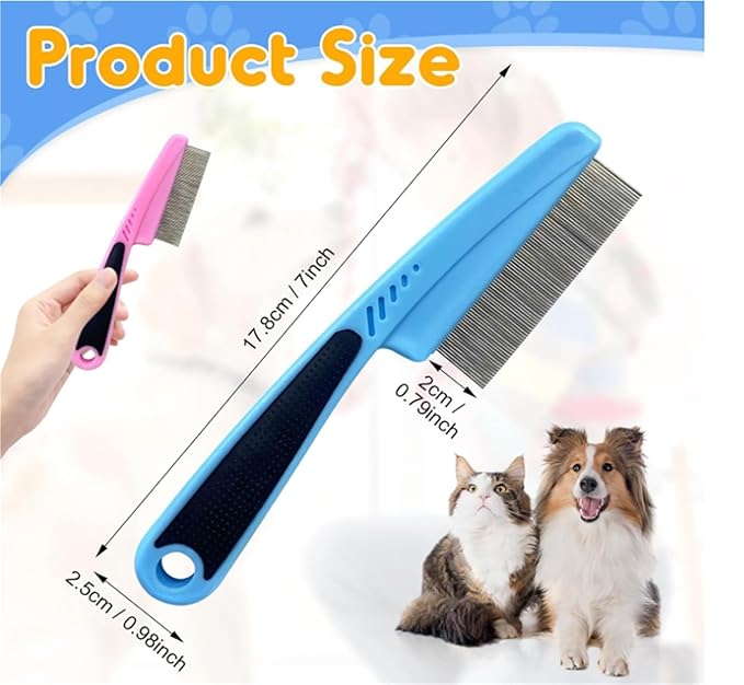 2-Pack Upgrade Fine Tooth Flea Comb for Dogs & Cats, Stainless Steel Pet Hair Removal and Massage Brush - Multifunctional Cleaning Comb for Pets(Red)