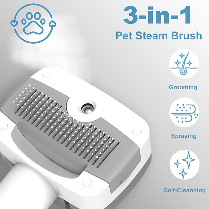 Pet Steam Brush for Dogs & Cats, 3-in-1 Steam Grooming Brush for Shedding & Hair Removal - Self Cleaning Spray Comb with Mist for Long Haired Pets - Includes Pet Essence