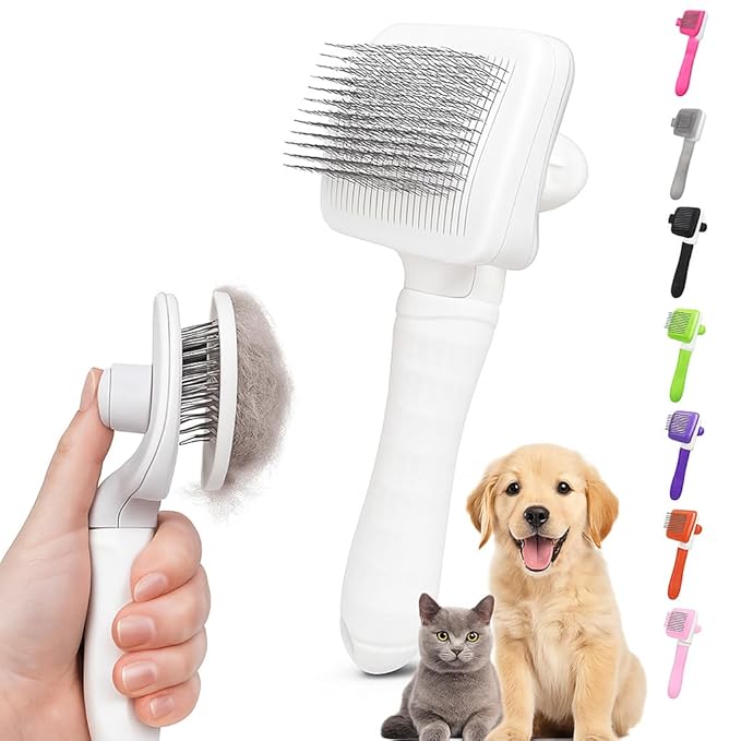 Self Cleaning Slicker Brush, Dog Cat Bunny Pet Grooming Shedding Brush, Easy to Remove Loose Undercoat, Pet Massaging Tool Suitable for Pets with Long or Short Hair (White)