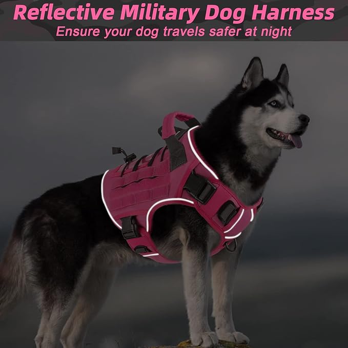 WINGOIN Pink Tactical Dog Harness with Handle Tactical Dog Harness for Large Dogs No Pull Adjustable Pet Harness Reflective K9 Military Service Dog Vest for Walking Hiking Training (L)