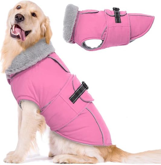 Lelepet Warm Dog Coats for Large Dogs Waterproof Dog Winter Jacket Reflective Pet Fleece Vest Windproof Cold Weather Coats with Adjustable Buckle & Leash Hole, Pink, XXL