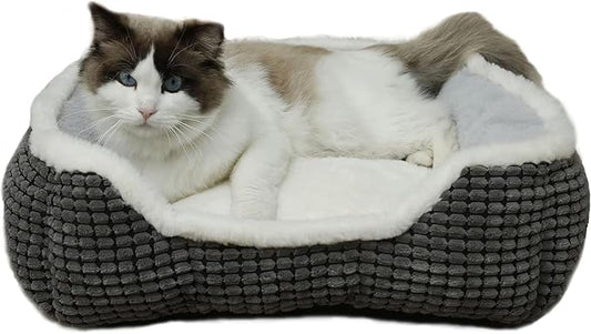 Luxury Square Grey Cat & Dog Bed - Soft Washable Animal Pet Beds with Anti-Slip & Water-Resistant Bottom, Perfect for Indoor Small Dogs & Cats, Kittens & Puppies