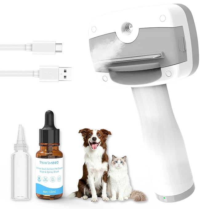 Pet Steam Brush for Dogs & Cats – Self Cleaning, 3 in 1 Hair Removal Comb Steam for Thinning & Grooming for Long & Short Haired Pets, Includes Pet Essence