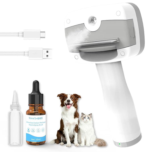 Pet Steam Brush for Dogs & Cats – Self Cleaning, 3 in 1 Hair Removal Comb Steam for Thinning & Grooming for Long & Short Haired Pets, Includes Pet Essence