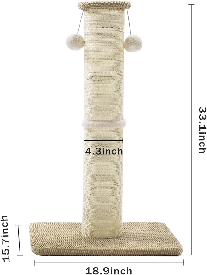 Made4Pets Tall Cat Scratching Post, 33" Natural Sisal Cat Scratcher with Hanging Balls, Heavy Duty and Thicker Scratching Post for Indoor Cats Adults, Sturdy Base Cat Scratch Post, Beige