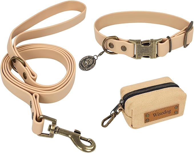 Wisedog Dog Collar and Leash Set, Waterproof Adjustable Puppy Collars with Cute Tag 5FT Dog Leash with Poop Bag for Small Medium Large Dogs (M, Sand Color)