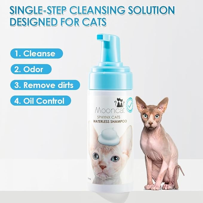 Mooncat Sphynx Cat Waterless Shampoo, Vet Approved No-Rinse Foam for Oily, Sensitive Skin & Wrinkles - Gentle, Hypoallergenic Formula for Hairless Cats, Deep Cleans & Moisturizes