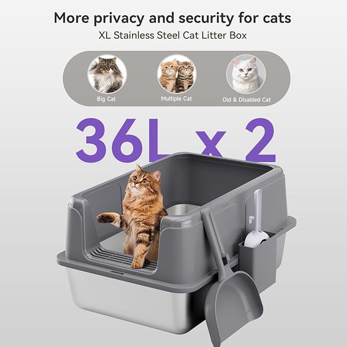 2 Pack Stainless Steel Litter Box, XL Enclosed Cat Litter Boxes, Metal Litter Pan with High Sides Odor Free Non Sticky Easy Cleaning, Grey