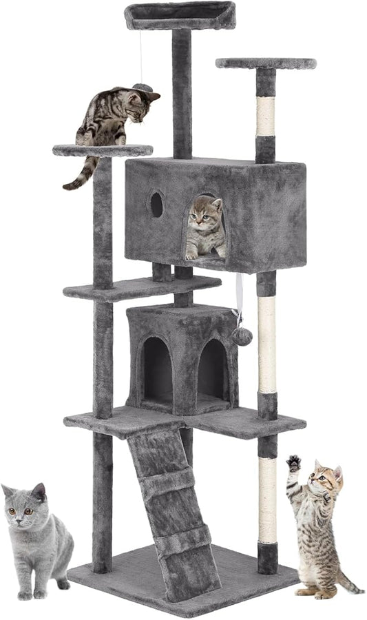 PayLessHere Cat Tree 70in Tower with Cat Scratching Post,Multi-Level Cat Condo Stand House Furniture Kitty Activity Center with Furry Ball Toys Cat Tree for Indoor Cats,Light Grey