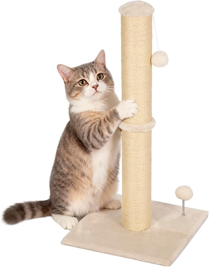 FDW 33 Inch Cat Scratching Post Cat Scratcher Natural Sisal Rope Scratch Post Trees with Hanging Ball for Indoor Cats and Adults,Beige
