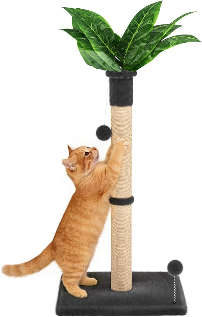 XiaZ Cat Scratching Post 34'' Tall, Heavy Duty Cat Tree Tower for Indoor Kitty with Extra Wide 15.8" Stable Base and 2 Toy Balls, Natural Sisal & Plush Fabric for Small, Medium Cats(Dark Gray, 2.8in)