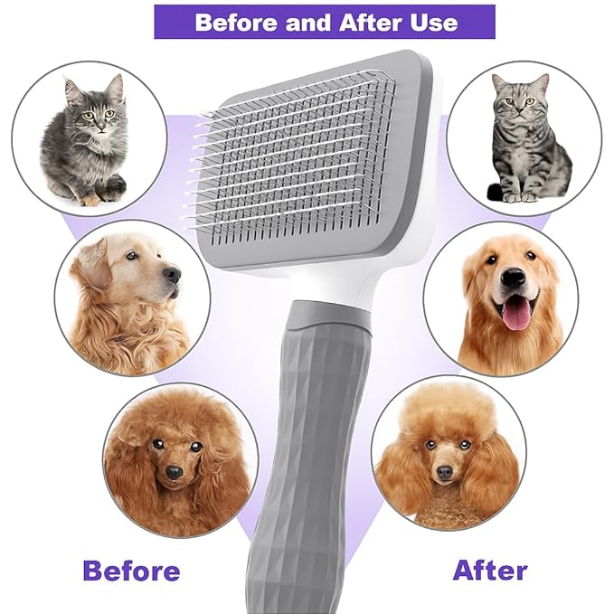 Generic Pet Grooming Brush, Gray - Self Cleaning Dematting Comb for Cats and Dogs, Bristles with Massage Particles, Ergonomic Handle Design, Easy to Use, for Long or Short Hair Breeds, Stainless Steel