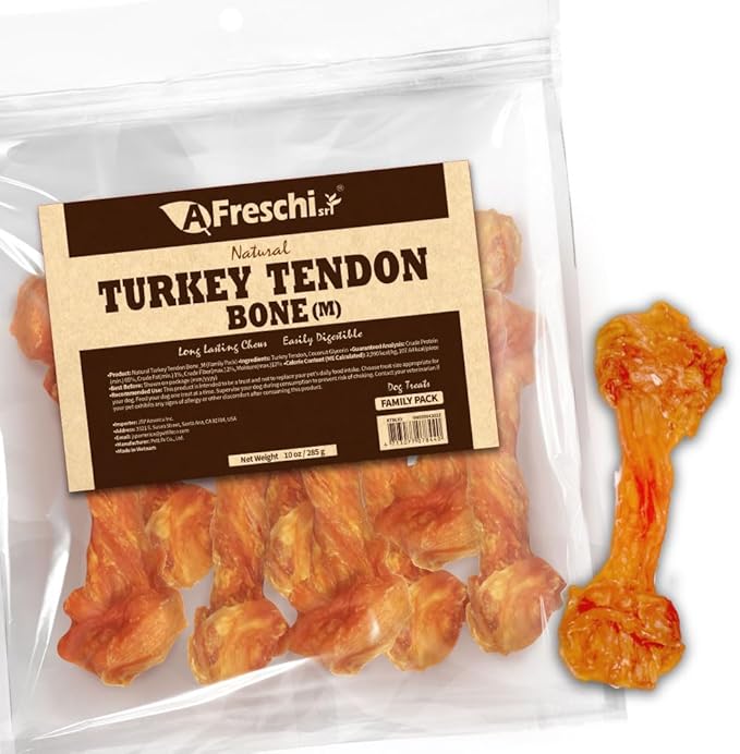 AFreschi Turkey Tendon of Dog Bones Shape, USA-Sourced, Limited-Ingredient, Rawhide-Free, Long-Lasting, All-Natural Dog Treats for Medium Dogs, 10 oz Pack (M)